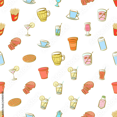 American food and Drinks set. Background for printing, design, web. Usable as icons. Seamless. Colored.