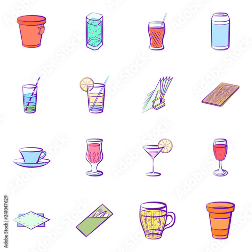 Drinks and Table setting set. Background for printing, design, web. Usable as icons. Seamless. Colored.