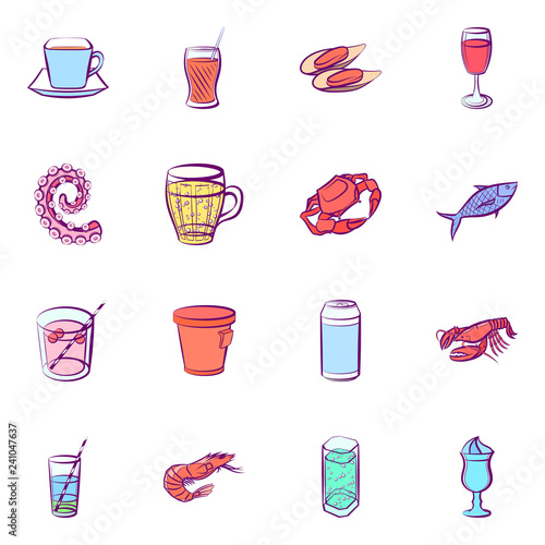 Drinks and Seafood set. Background for printing, design, web. Usable as icons. Seamless. Colored.