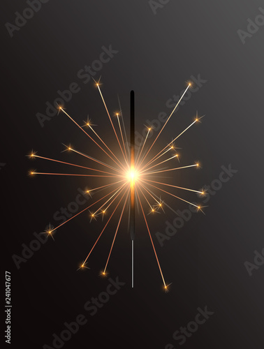 Realistic Holiday Bengal Light, with bright sparkle burning. Vector christmas diwali firework candle, celebration sparkler lights.