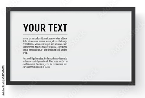 Black modern frame, horizontal mockup. Place for text, photo, gift or others. Vector illustration