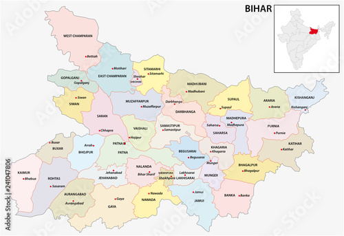 administrative and political map of indian state of bihar, india