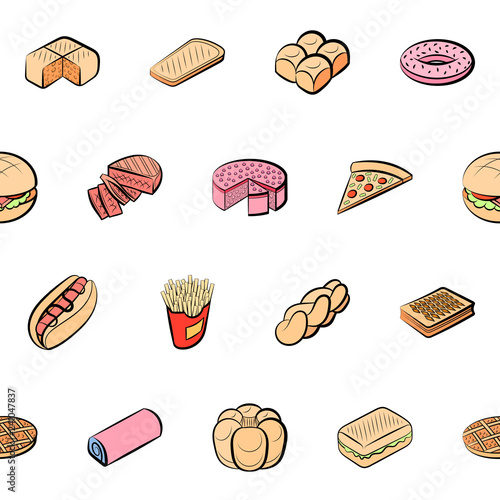 American food and Bakery products set. Background for printing, design, web. Usable as icons. Seamless. Colored.