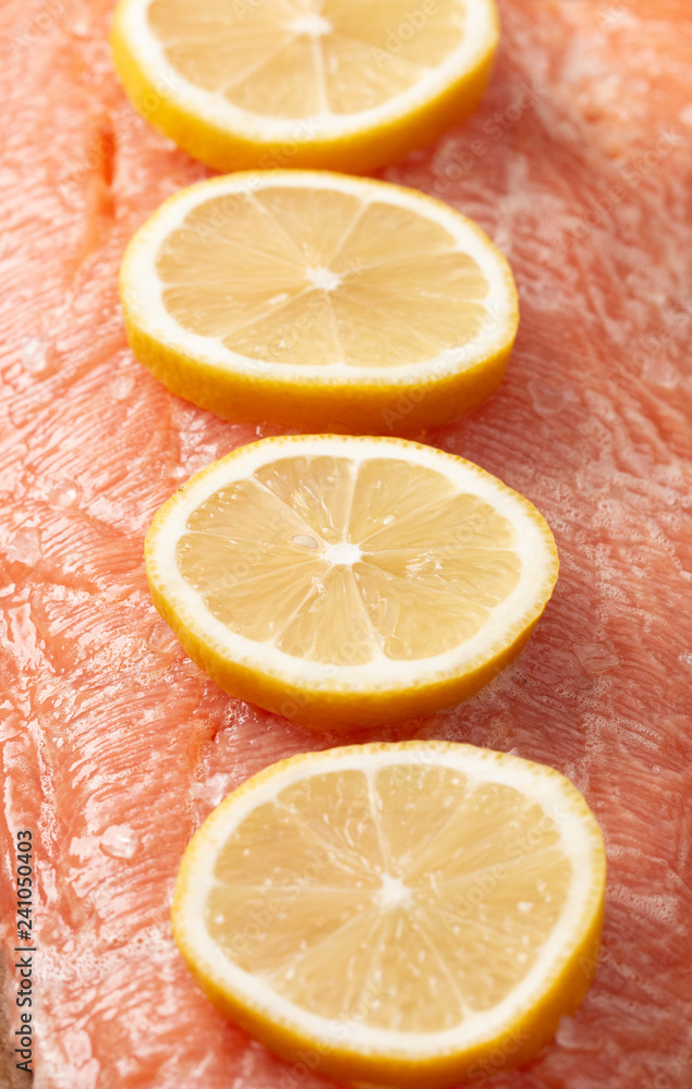 A Seasoned Side of Salmon with Slices of Fresh Lemon A Seasoned Side of Salmon with Slices of Fresh Lemon