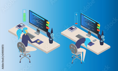 Handsome young girl character full of energy to work. Vector flat cartoon illustration, Feeling exhausted. Tired young woman sitting at his working place with computer in office.