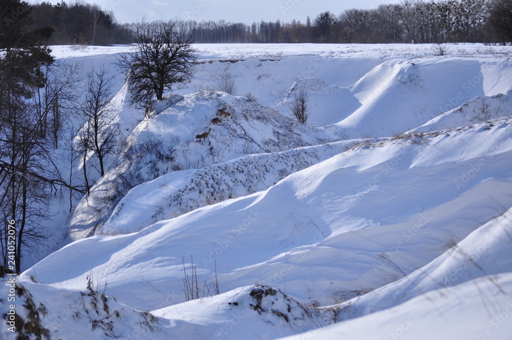 Winter landscape with trees on the slopes of the ravine. Evening serene picturesque view of Ukraine. Winter landscape with trees on the slopes of the ravine. Evening serene picturesque view of Ukraine.