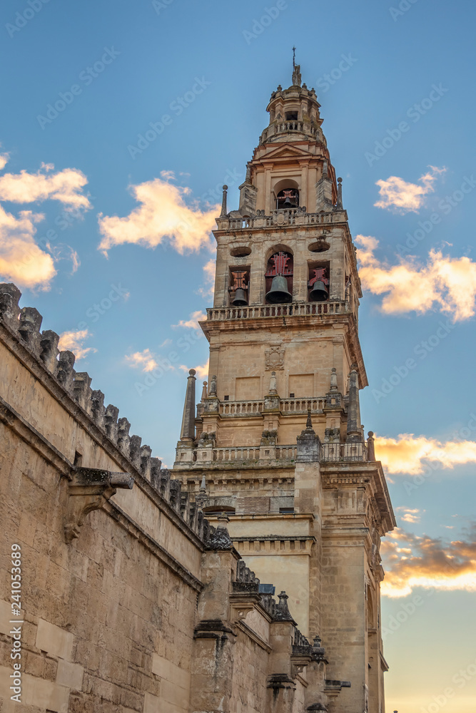 Bell tower of mosque-cathedral of Cordoba at sunset. Original Muslim minaret this structure has played an important role in the image and profile of Cordoba, Andalusia, Spain