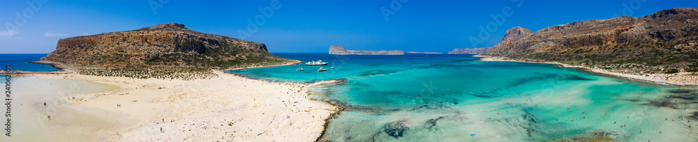 Aerial view of Balos beach near Gramvousa island in Crete. Magical turquoise waters, lagoons, Balos beach of pure white sand. Balos bay in Crete island, Greece.