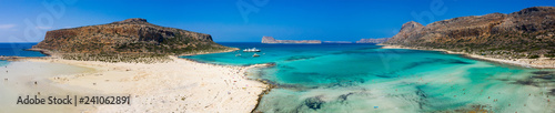 Aerial view of Balos beach near Gramvousa island in Crete. Magical turquoise waters  lagoons  Balos beach of pure white sand. Balos bay in Crete island  Greece.