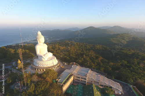 Beautiful Sunrise at White Big Buddha Marble Statue Temple. Phuket, Thailand.