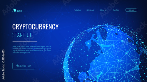 Blockchain technology futuristic hud background with world globe and blockchain polygon peer to peer network. Global cryptocurrency fintech business banner concept. Low poly vector design.