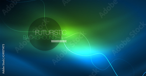 Glowing abstract wave on dark, shiny motion, Christmas and New Year magic space light. Techno abstract background