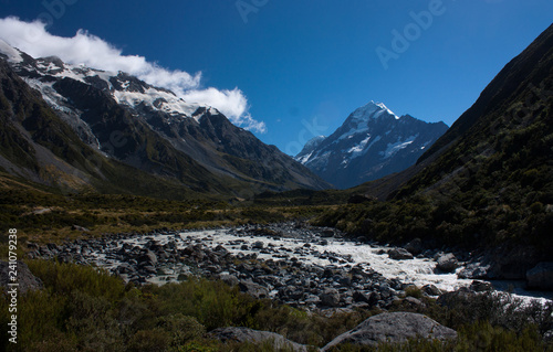 Looking over the Hooker River at the Mt. Cook at the Hooker Valley Track in the Aoraki   Mt. Cook National Park in the South Island in New Zealand