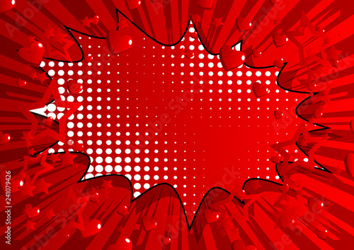Vector illustrated retro comic book background with hearts, pop art vintage style love backdrop.