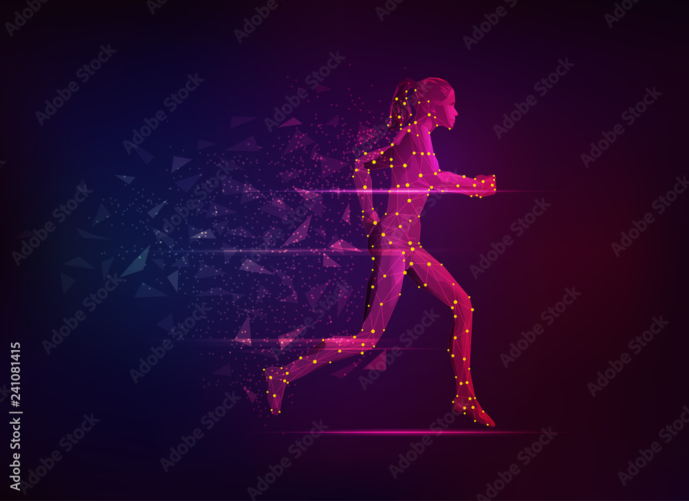 concept of sport science, polygon female athlete running with lighting effect