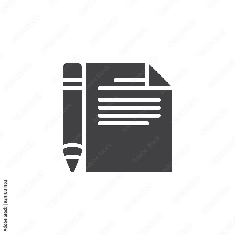 File document and pen vector icon. filled flat sign for mobile concept and web design. Pen and paper simple solid icon. Form symbol, logo illustration. Pixel perfect vector graphics