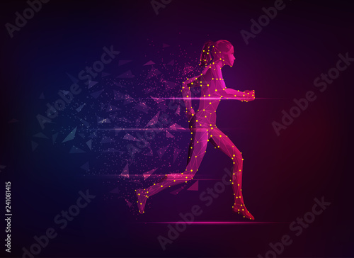 concept of sport science, polygon female athlete running with lighting effect