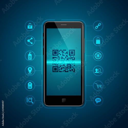 concept of qr code technology, realistic mobile phone with business icons