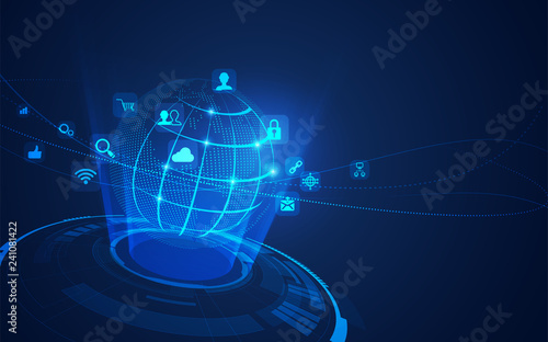 concept of communication technology or global network, futuristic globe with digital technology icons