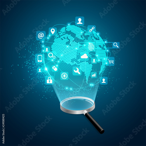 concept of search engine development, realistic magnifying glass with futuristic globe and digital technology icons