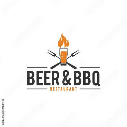 Barbecue And Beer Logo With Fire Glass of Beer