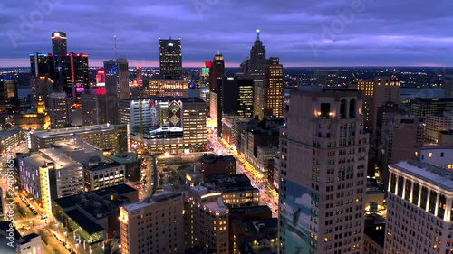 Skyline of Detroit Michigan at sunset aerial .