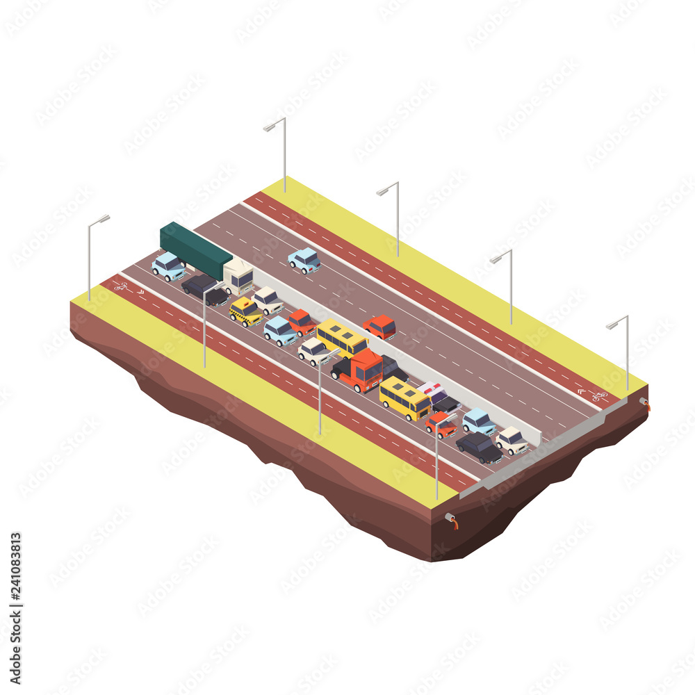 Obraz premium Isometric illustration of traffic jam with rush hour. Traffic 3d isometric vector illustration.
