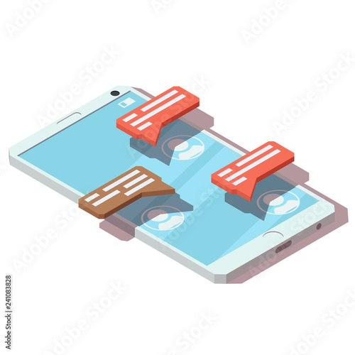 Low poly vector mobile phone and chat icon. Communication in social networks. Isometric vector illustration.