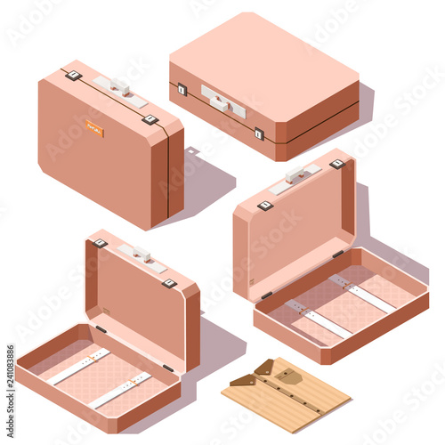 Low poly isometric open and close travel bag and shirt. Vector illustration.