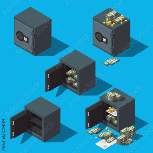 Set of safe boxes icons with coins, money and documents. Vector isometric illustration.