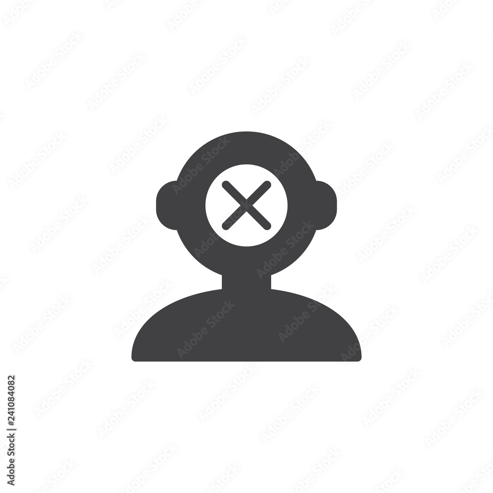 Remove human mind vector icon. filled flat sign for mobile concept and web design. Human head with cross simple solid icon. Symbol, logo illustration. Pixel perfect vector graphics