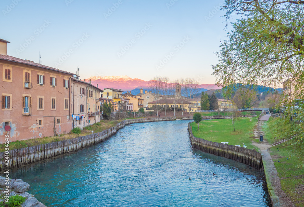 Fototapeta premium Rieti (Italy) - The historic center of the Sabina's provincial capital, under Mount Terminillo with snow and crossed by the river Velino.