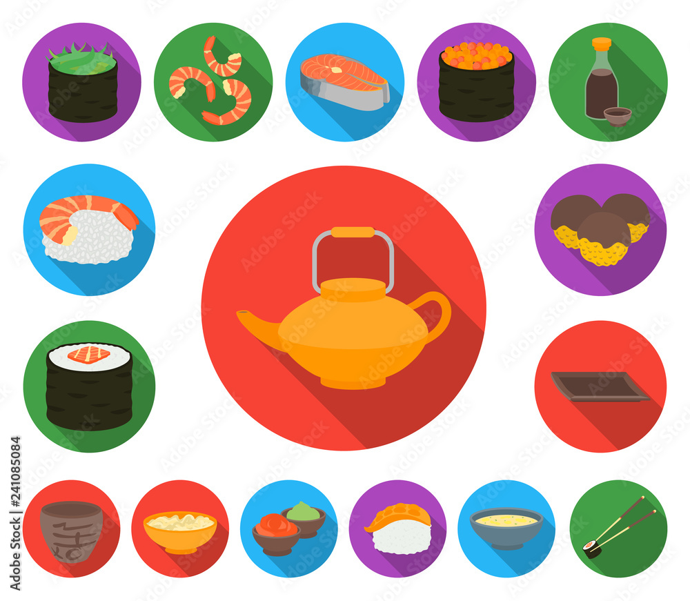 Sushi and seasoning flat icons in set collection for design. Seafood food, accessory vector symbol stock web illustration.