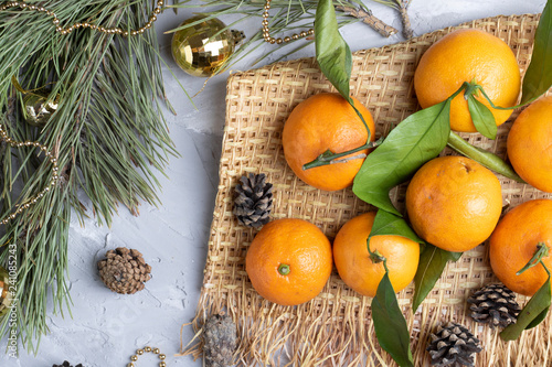 christmas decoration with oranges, top view