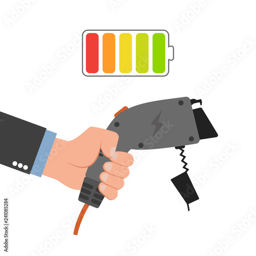 The concept of a charger for an electric vehicle. The hand holds an electric charger for electric vehicles. Vector illustration.