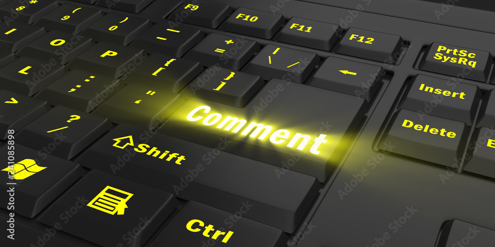 yellow glowing Comment key on black computer keyboard, 3d illustration yellow glowing Comment key on black computer keyboard, 3d illustration