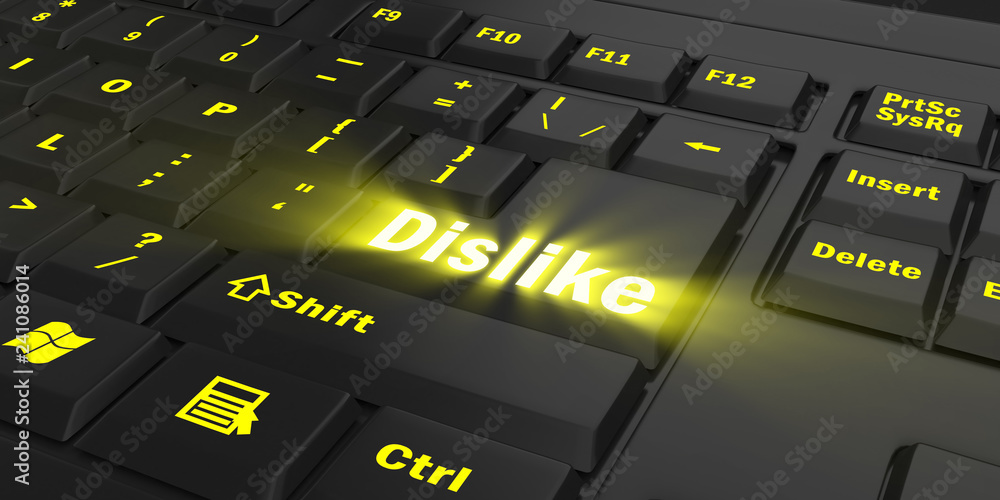 yellow glowing Dislike key on black computer keyboard, 3d illustration yellow glowing Dislike key on black computer keyboard, 3d illustration