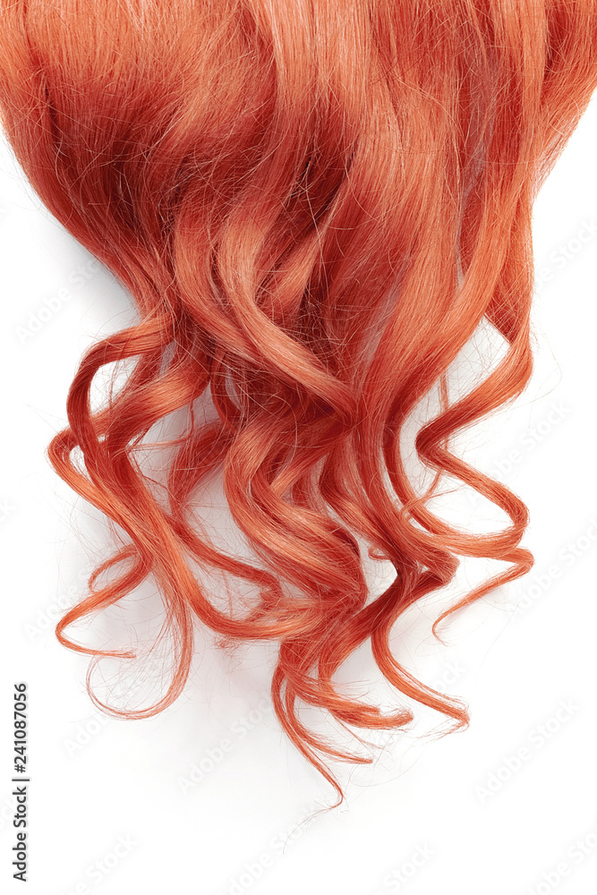 Natural wavy red hair on white background