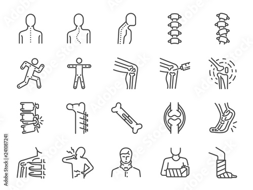 Orthopedics line icon set. Included the icons as osteoarthritis, medical rehab, plantar fasciitis, back injuries, Fracture and more.