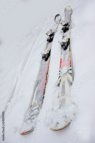 Skiing twintip. Ski twintip interesting lying in the snow. Freestyle, slopestyle skiing photo