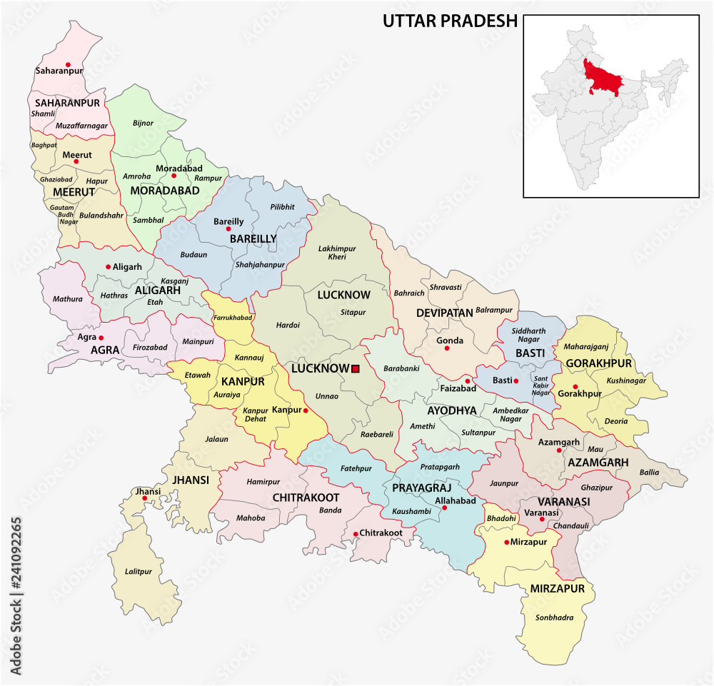 administrative and political map of indian state of Uttar Pradesh, india