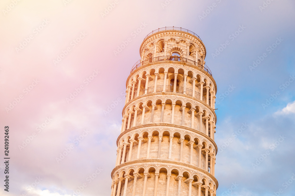 Leaning Tower of Pisa against vanilla blue, pink sky