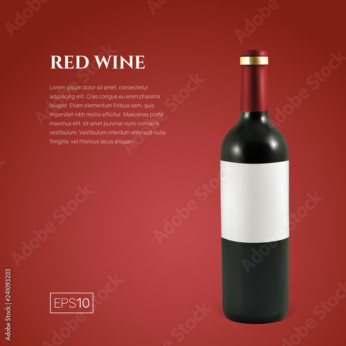 Photorealistic bottle of red wine on a red background. Mock up transparent bottle of wine. Template for product presentation or advertising in a minimalistic style.