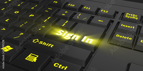 yellow glowing Sign In key on black computer keyboard, 3d illustration