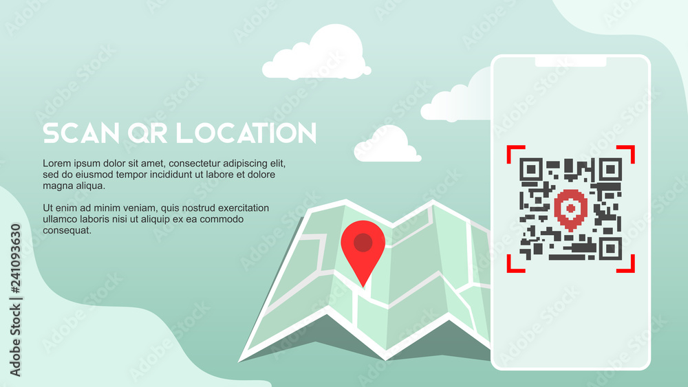 QR code location scan to see on the map in the mobile phone flat style  illustration in soft blue pastel color vector illustration Stock Vector |  Adobe Stock
