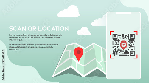 QR code location scan to see on the map in the mobile phone flat style illustration in soft blue pastel color vector illustration