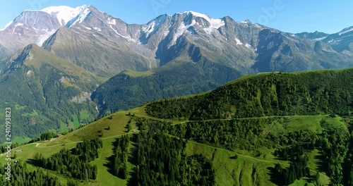 Mountain range of the Alps, with the peak of Mont Blanc, aerial view France
