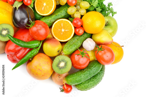 Fruits and vegetables isolated on white background. Flat lay, top view.