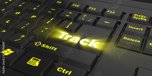 yellow glowing Track key on black computer keyboard, 3d illustration
