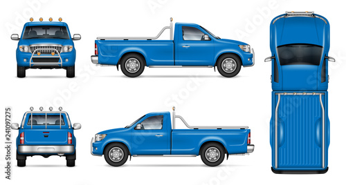 Blue pickup truck vector mockup on white background for vehicle branding, corporate identity. View from side, front, back, and top. All elements in the groups on separate layers for easy editing